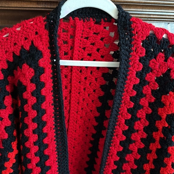 Crochet handmade red black orange geometric Whimsigoth witchy open cardigan XL - Picture 2 of 11